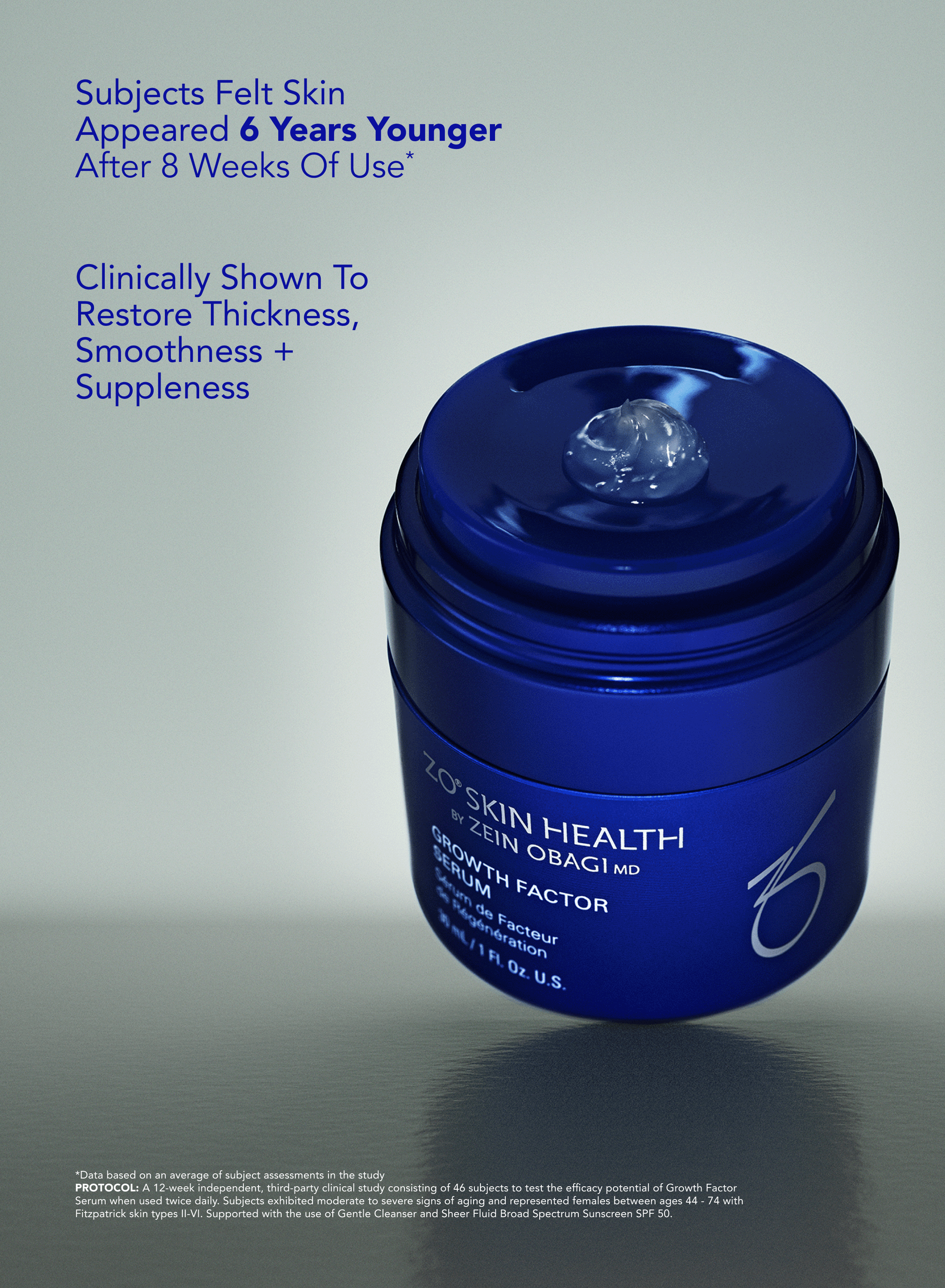 ZO Skin Health Growth Factor Serum restores skin thickness, smoothness, suppleness - Vos Collection